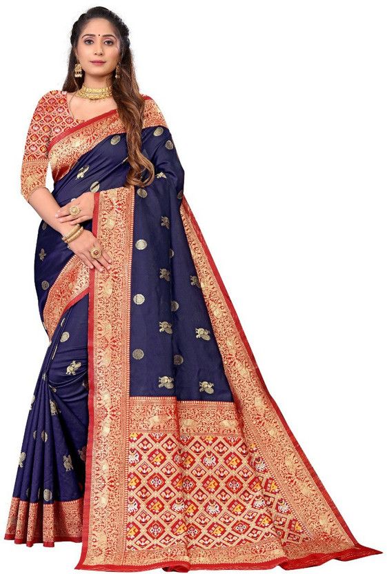 Striped Bandhani Jute Silk Saree  (Blue)