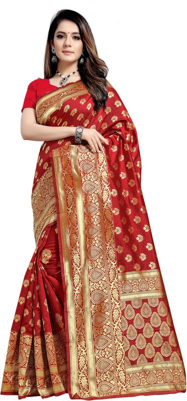 Printed Banarasi Art Silk Saree  (Red, Gold)