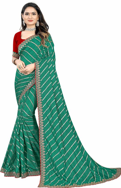 Striped, Embroidered Bollywood Silk Blend, Chiffon Saree  (Light Green)