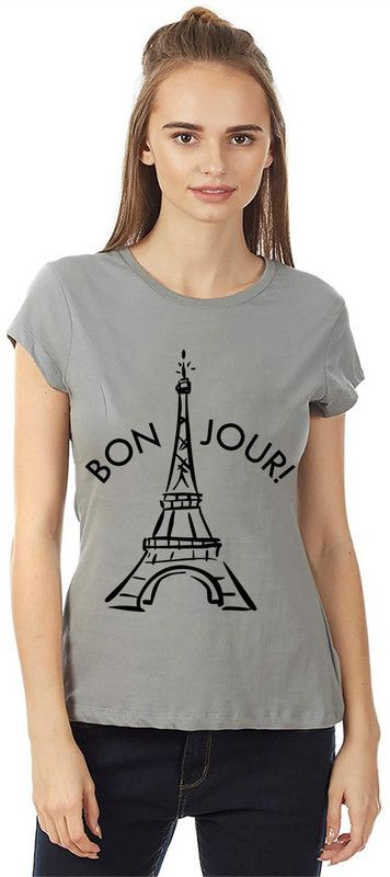 Aseria Womens Cotton Biowash Graphic Printed Half Sleeve T-Shirt - Bonjour Paris (Grey, XL) Women Printed Round Neck Cotton Blend Grey T-Shirt