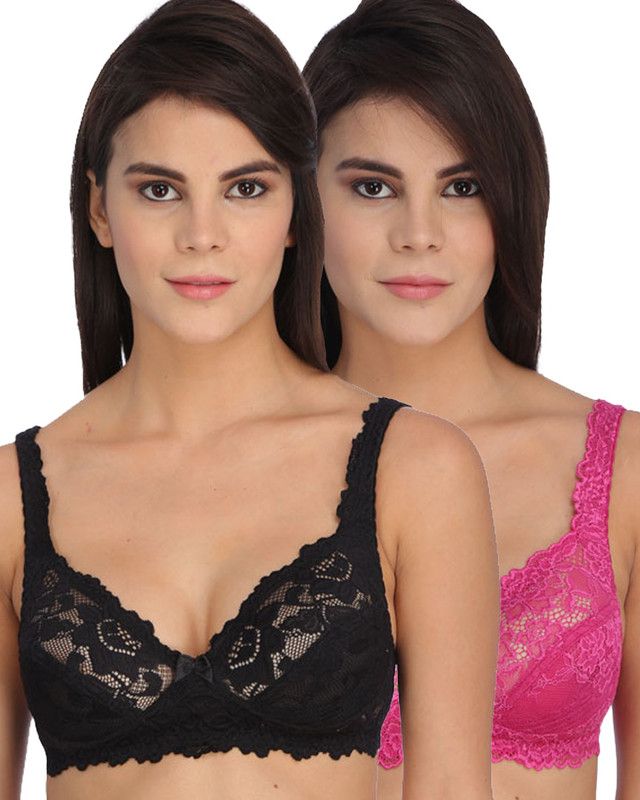 Pack of 2 Women Full Coverage Non Padded Bra  (Black, Pink)