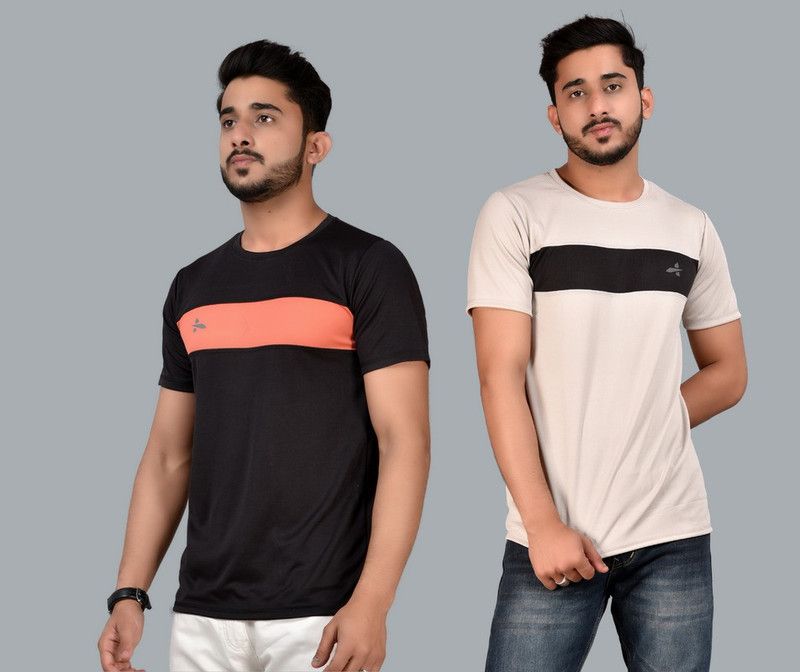 Pack of 2 Men Striped Round Neck Polyester White, Black T-Shirt