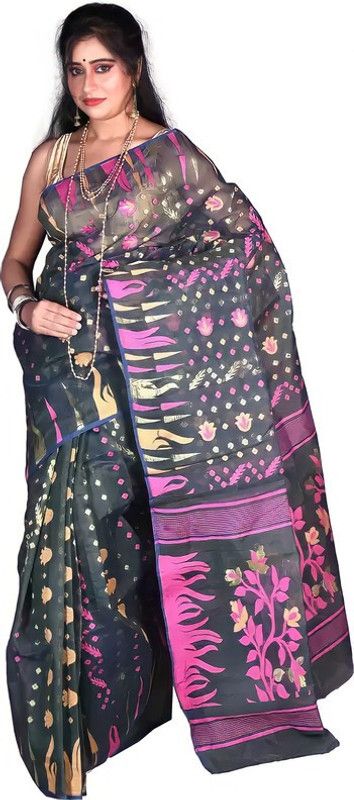 Self Design Jamdani Cotton Silk Saree  (Blue)