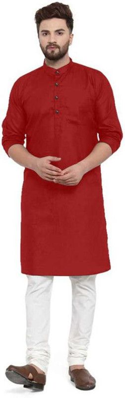 Men Solid Cotton Blend Straight Kurta  (Maroon)