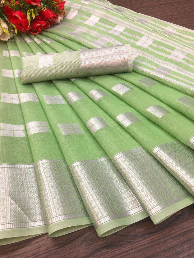 Self Design Kasavu Linen Saree  (Light Green)