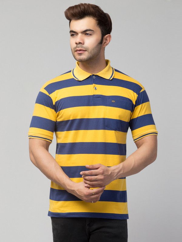 Men Striped Polo Neck Pure Cotton Blue, Yellow T-Shirt