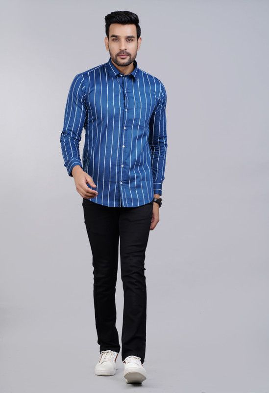 Men Striped Casual Dark Blue Shirt