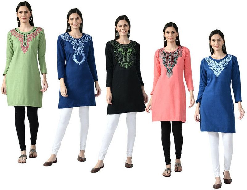 Pack of 5 Women Printed Wool Straight Kurta  (Light Blue, Green, Blue)