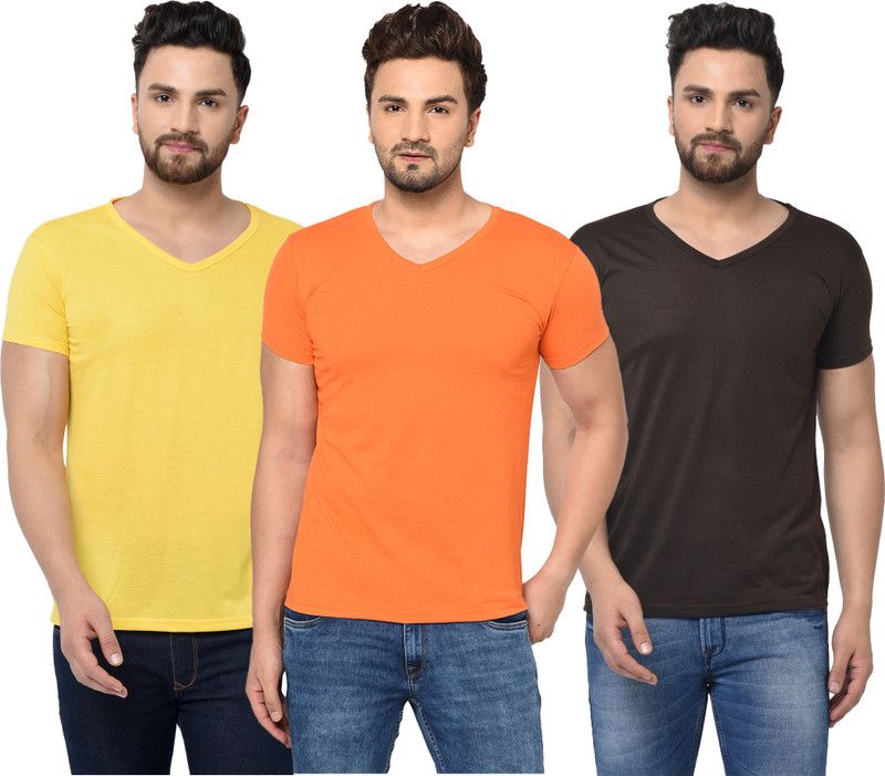 Pack of 3 Men Solid V Neck Cotton Blend Brown, Orange, Yellow T-Shirt