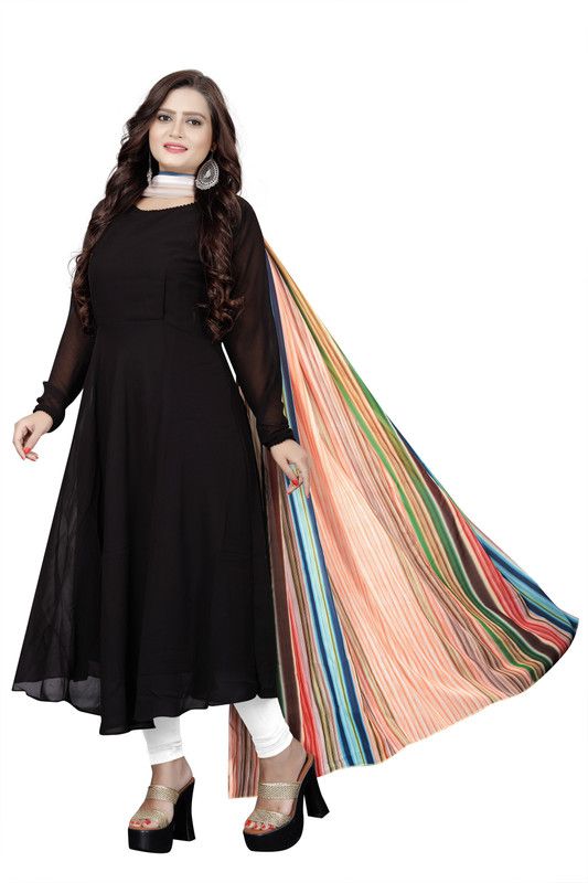 Georgette Stitched Anarkali Gown  (Black)