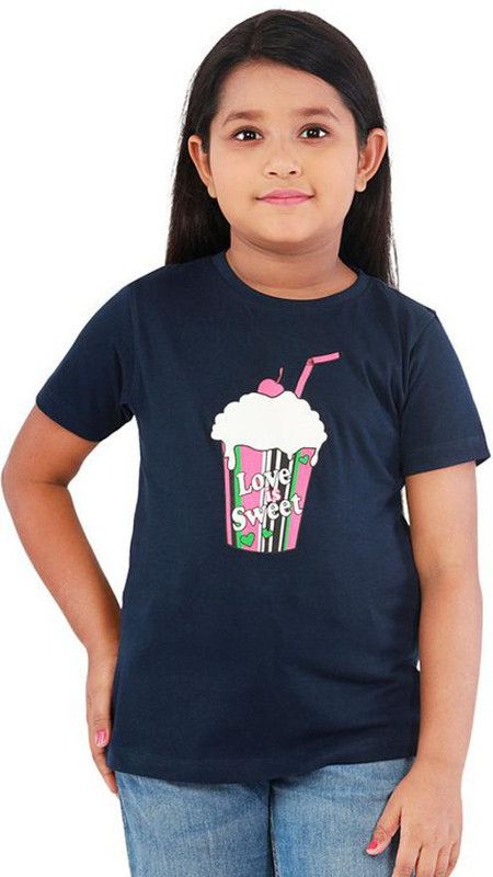 Girls Graphic Print Cotton Blend T Shirt  (Dark Blue, Pack of 1)
