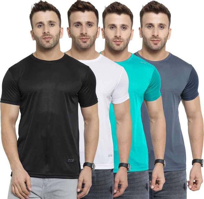 Pack of 4 AWG Dryfit Polyester Half Sleeve Sports Round Neck T-shirts for Men - Pack of 4 Men Solid Round Neck Poly Cotton Multicolor T-Shirt