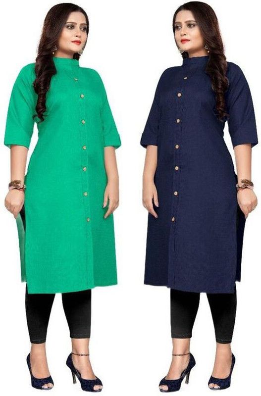 Pack of 2 Women Solid Pure Cotton A-line Kurta  (Dark Blue, Light Green)