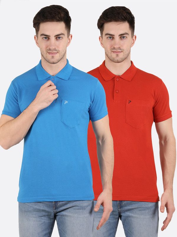 Pack of 2 Men Solid Polo Neck Cotton Blend Dark Blue T-Shirt