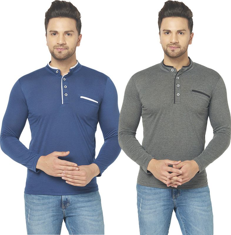 Pack of 2 Solid Combo of Two Henley Neck T-Shirt Men Solid Henley Neck Cotton Blend Dark Blue, Grey T-Shirt