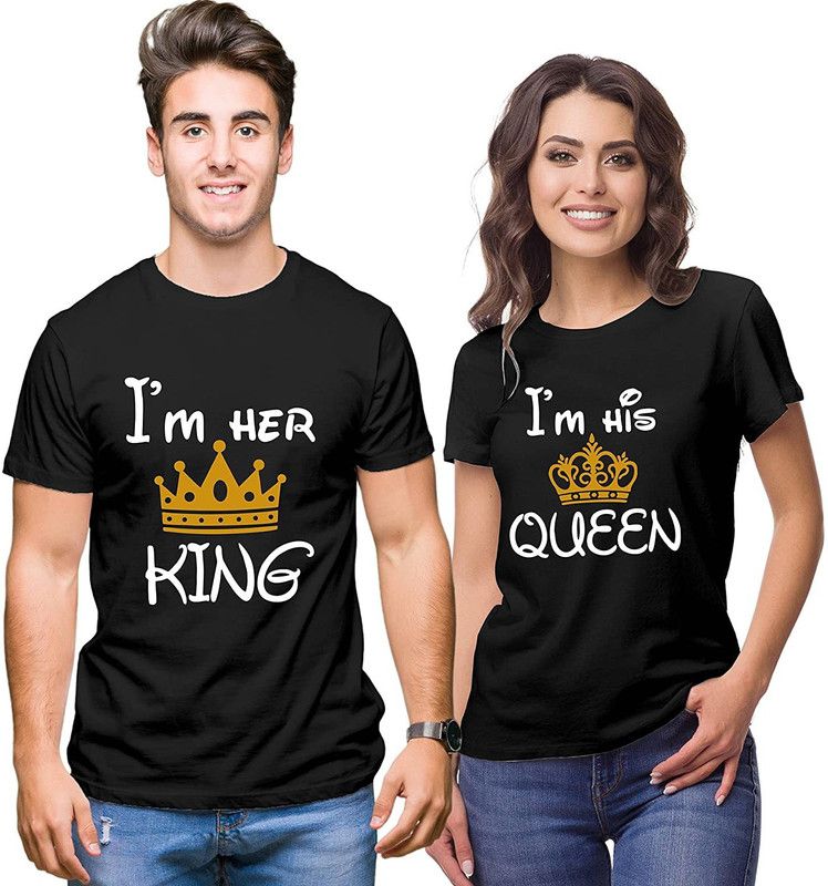 Pack of 2 Couple Typography Round Neck Pure Cotton Black T-Shirt