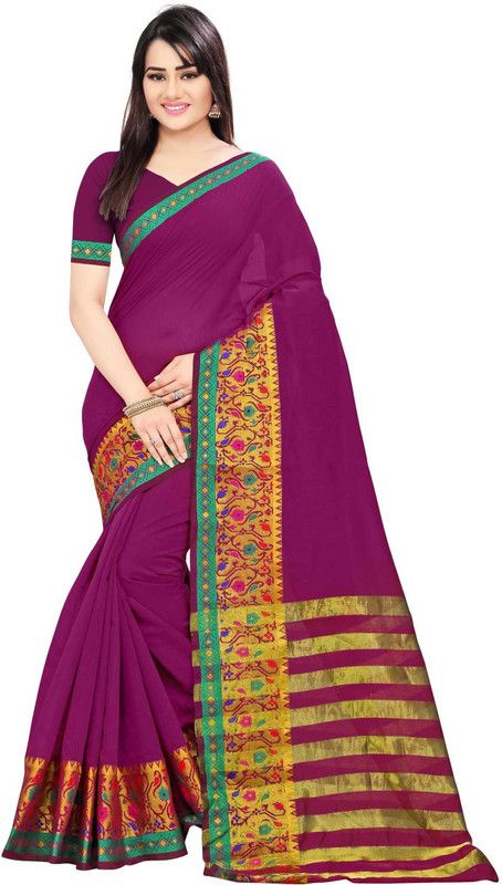 Self Design Paithani Cotton Silk Saree  (Purple)