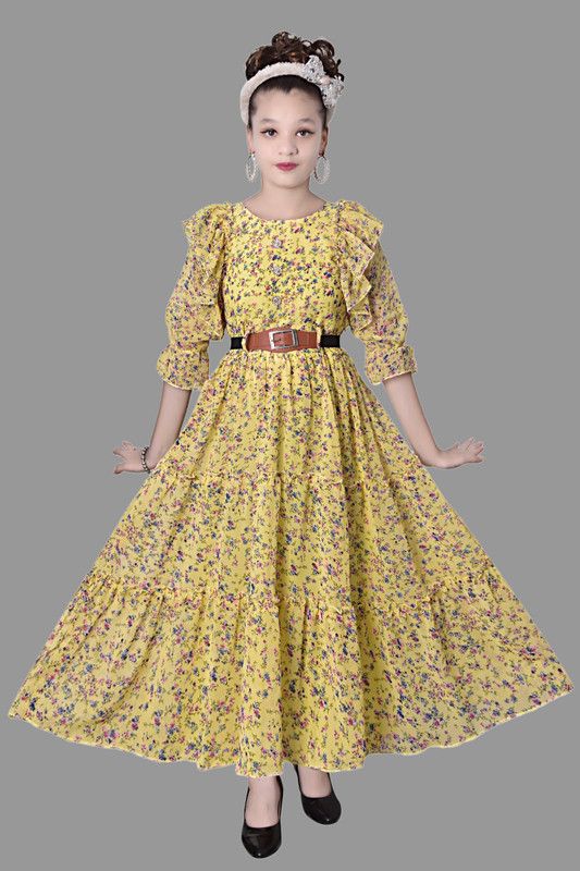 Girls Maxi/Full Length Casual Dress  (Yellow, 3/4 Sleeve)