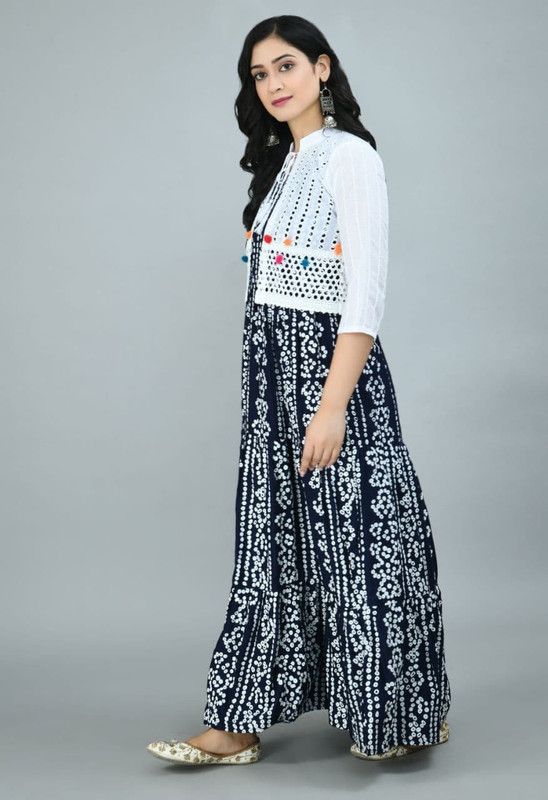 Women Bandhani Viscose Rayon Gown Kurta  (Blue)