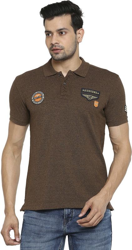 Men Self Design Polo Neck Poly Cotton Brown T-Shirt