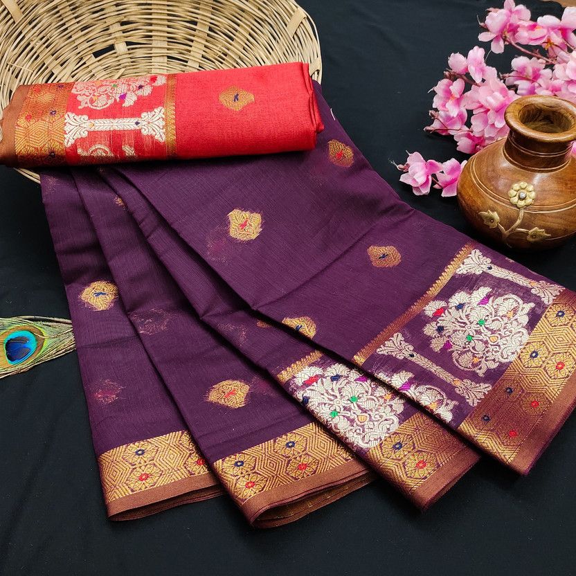 Woven, Floral Print Banarasi Jacquard, Cotton Silk Saree  (Green)