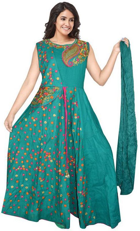 Embroidered Pure Cotton Semi Stitched Anarkali Gown  (Green)