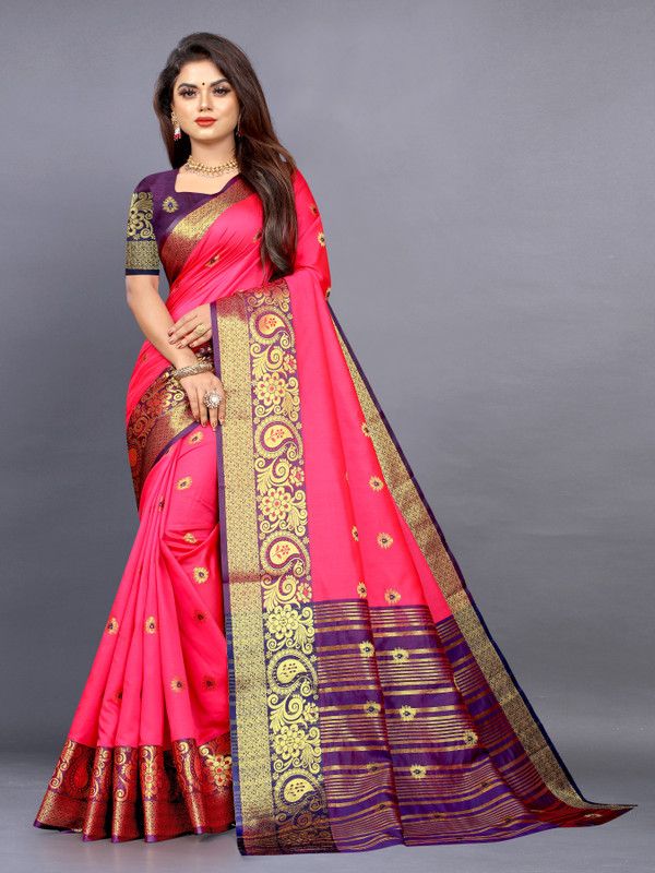 Woven Banarasi Jacquard, Cotton Silk Saree  (Pink)