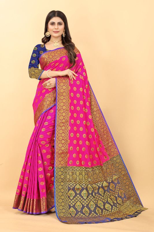 Woven Banarasi Cotton Silk Saree  (Dark Blue, Pink)