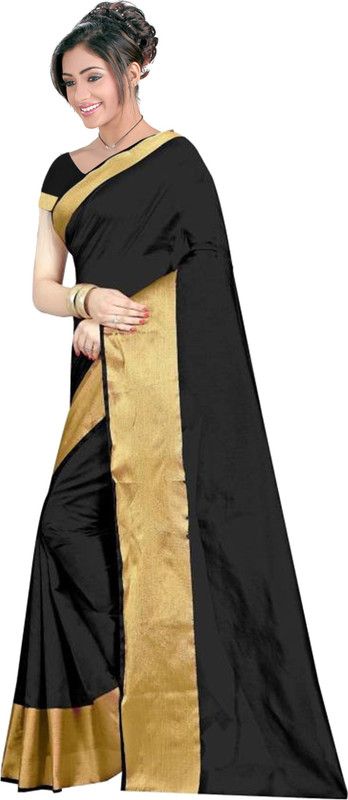 Daily Wear Cotton Blend Saree  (Black, Beige)