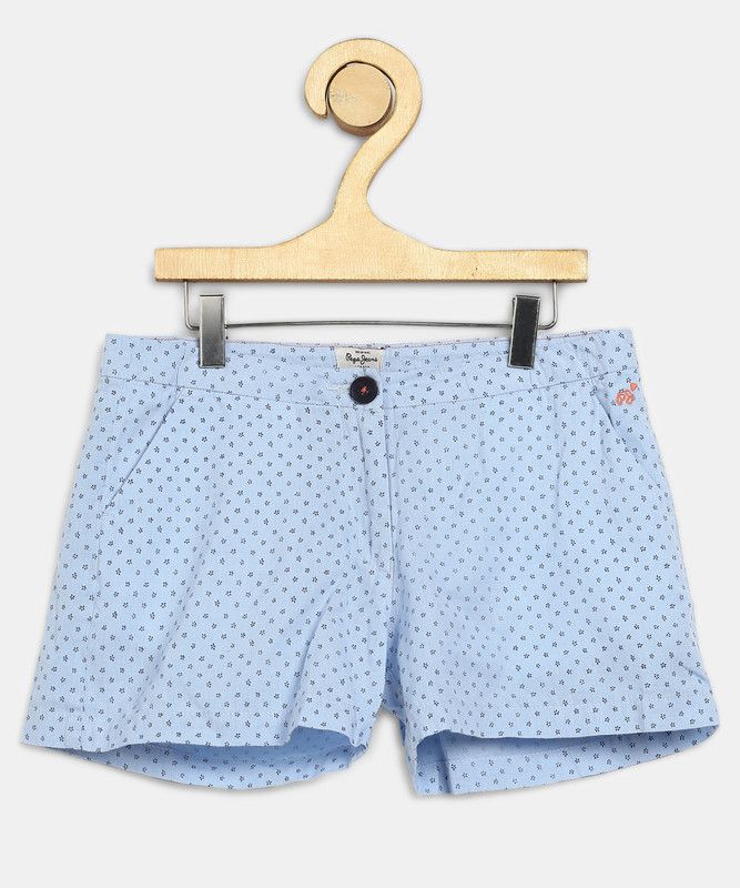 Short For Girls Casual Printed Cotton Blend  (Blue, Pack of 1)