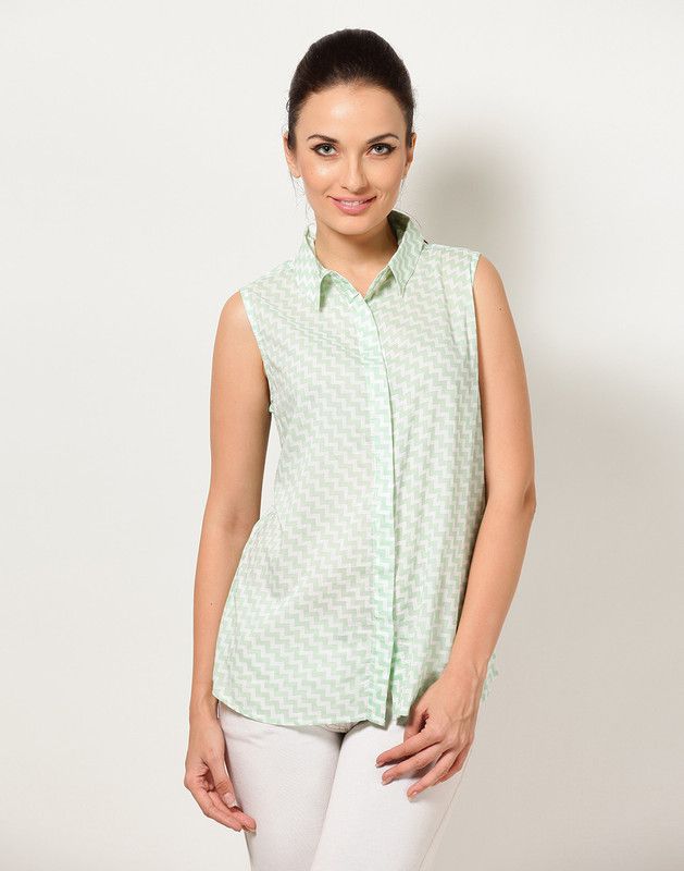 Casual Sleeveless Printed Women Green, White Top