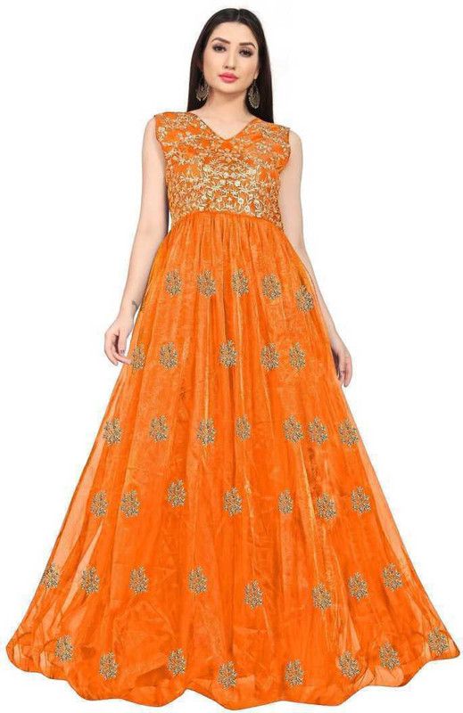 Embroidered Net Semi Stitched Anarkali Gown  (Orange)