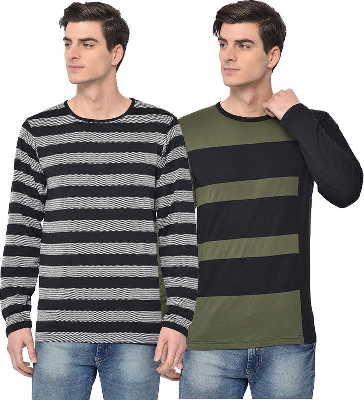 Pack of 2 Men Striped Round Neck Cotton Blend Multicolor T-Shirt