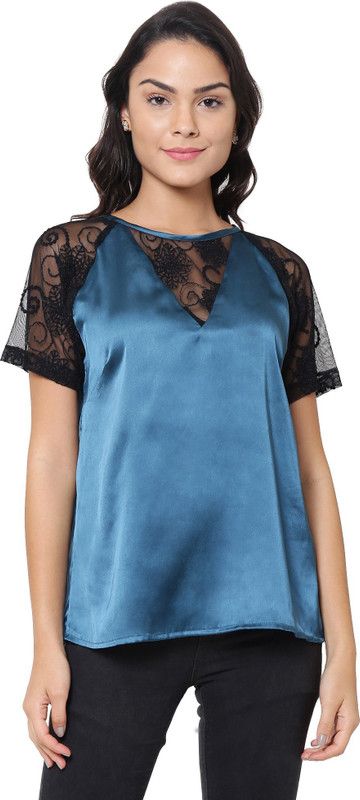 Party Raglan Sleeves Solid Women Blue Top