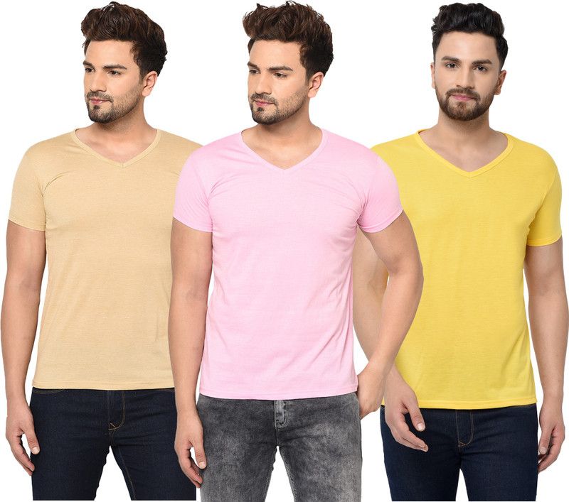 Pack of 3 Men Solid V Neck Cotton Blend Pink, Beige, Yellow T-Shirt