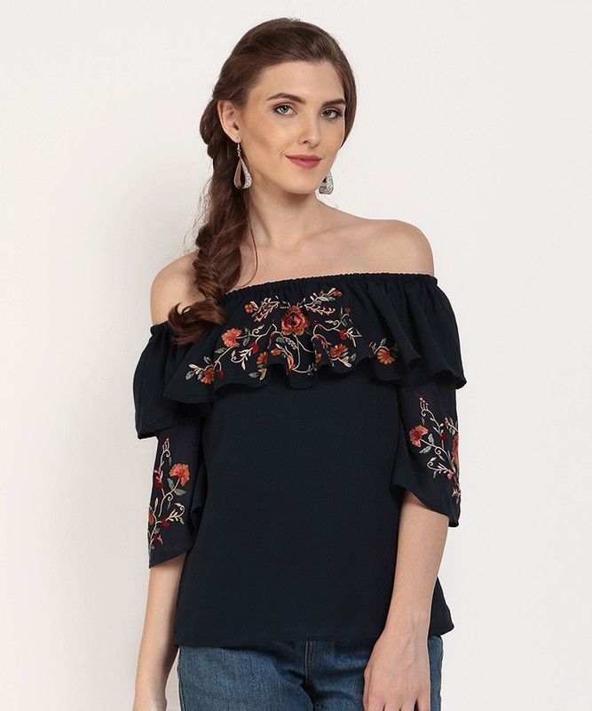 Casual Cape Sleeves Embroidered Women Dark Blue Top