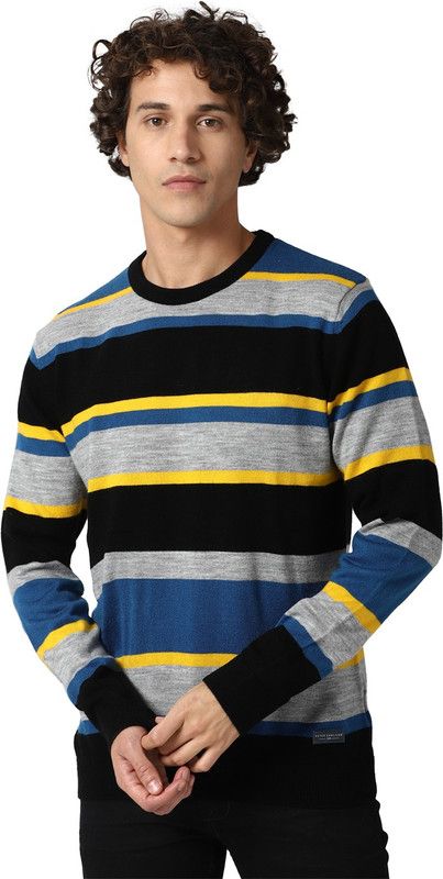 Men Striped Crew Neck Multicolor Sweater