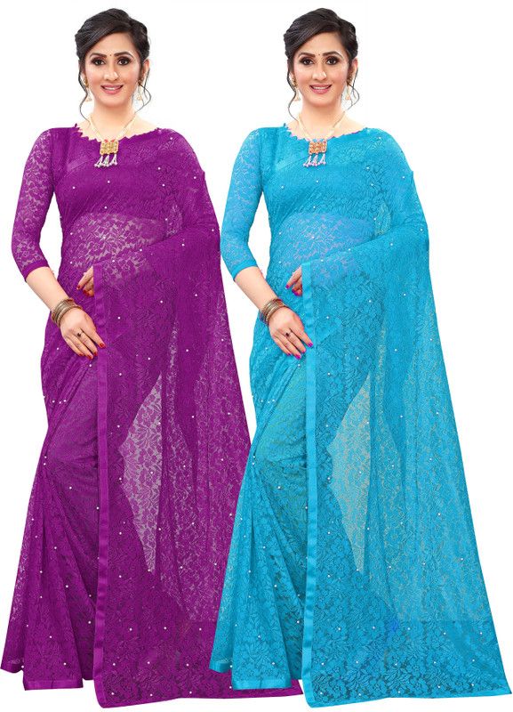 Self Design Bollywood Net Saree  (Pack of 2, Purple, Light Blue)