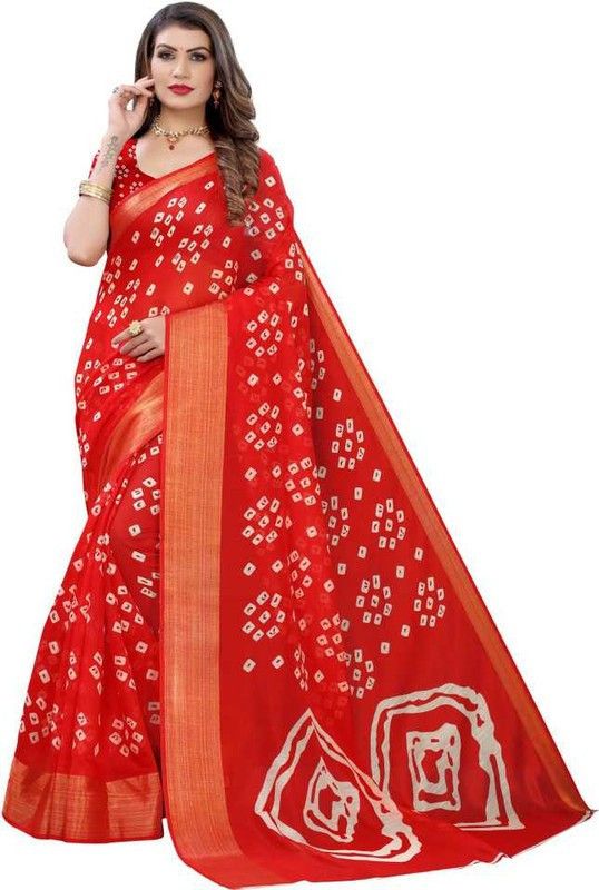 Printed Bandhani Cotton Blend Saree  (Red)