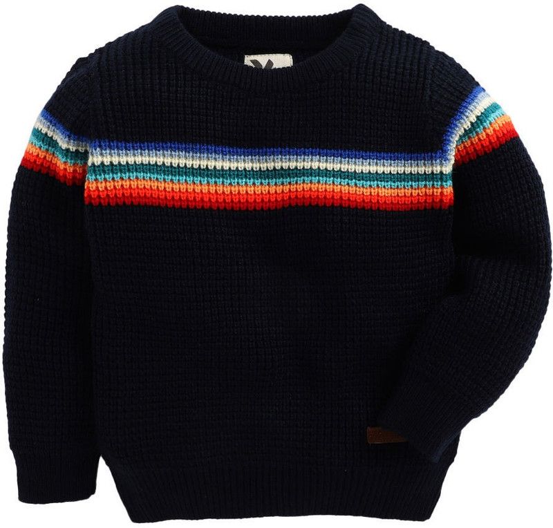 Boys Striped Round Neck Blue Sweater