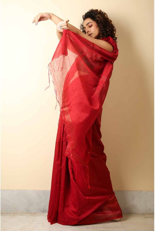 Solid/Plain Bollywood Cotton Silk Saree  (Red)