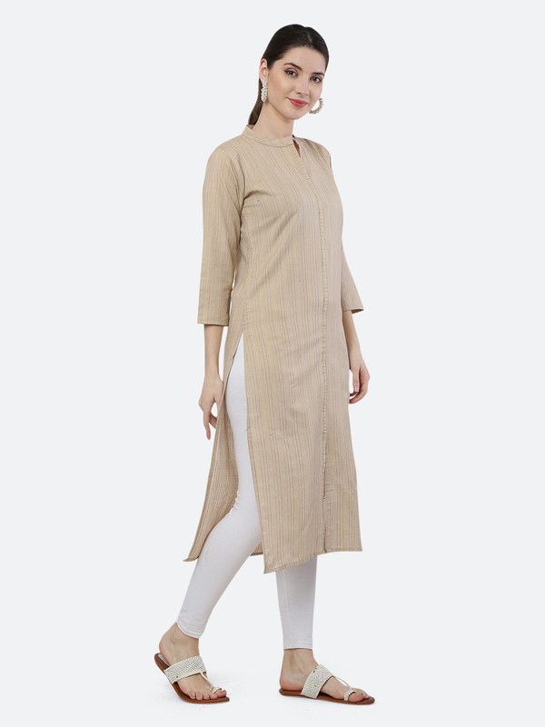 Women Striped Viscose Rayon Straight Kurta  (Beige)