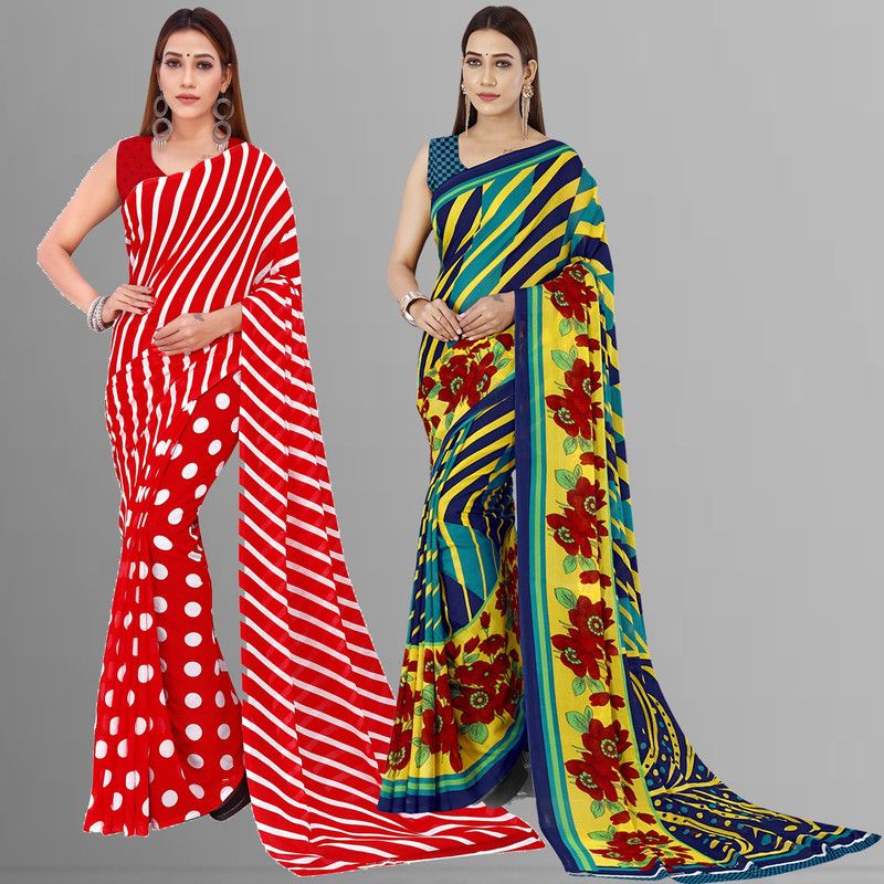 Striped Daily Wear Georgette Saree  (Pack of 2, Multicolor, Green)