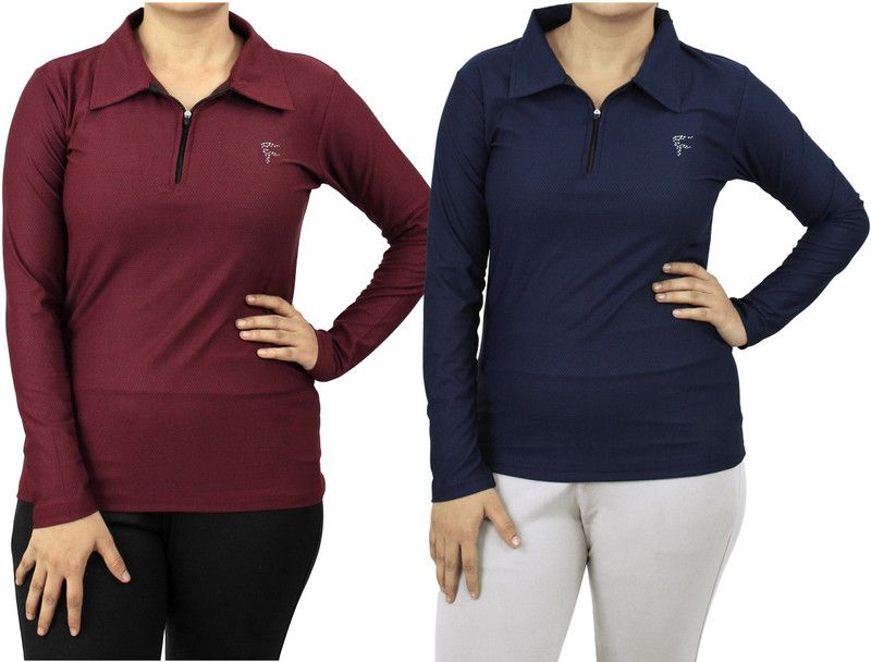 Pack of 2 Women Solid Polo Neck Polyester Multicolor T-Shirt