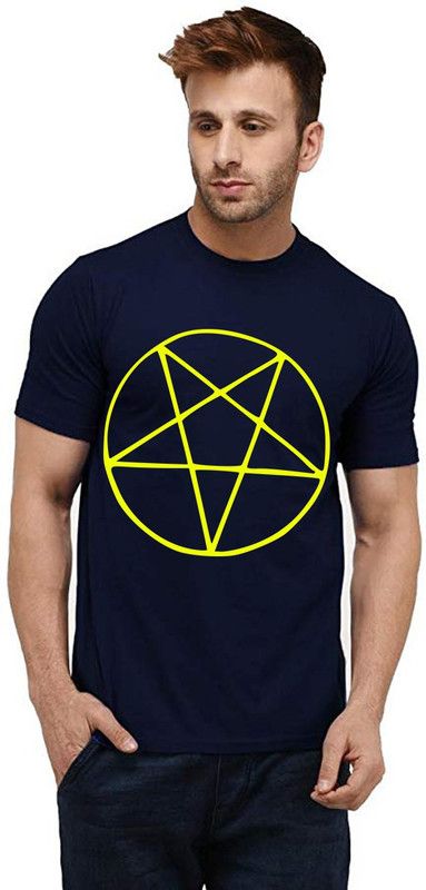 Star Circle Men Graphic Print Round Neck Pure Cotton Dark Blue T-Shirt