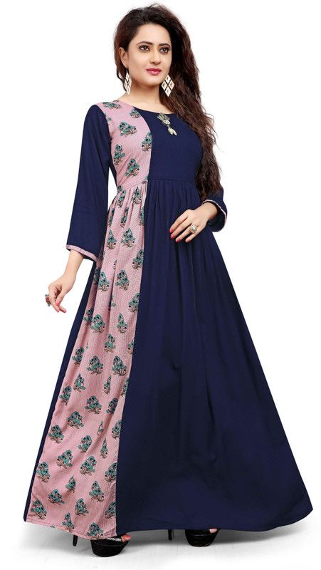 Printed Cotton Rayon Semi Stitched Straight Gown  (Dark Blue)