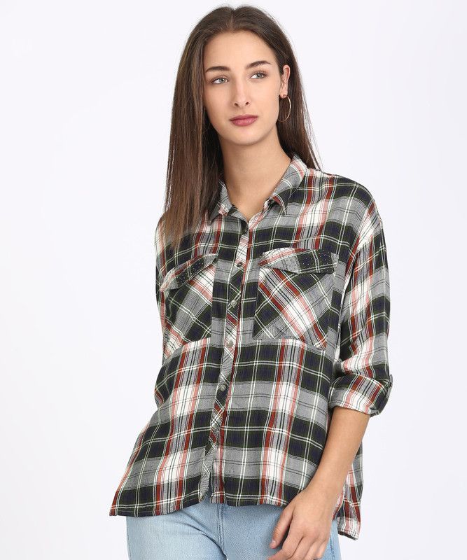 Casual Roll Up Sleeves Checkered Women Multicolor Top