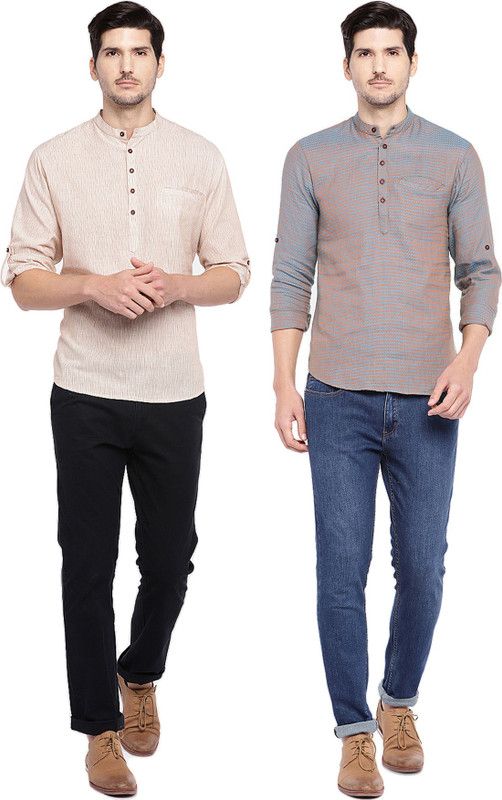 Pack of 2 Men Solid Jacquard, Pure Cotton Straight Kurta  (White, Blue, Orange, Beige)