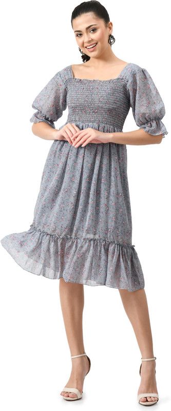 Women Fit and Flare Grey, Red Dress