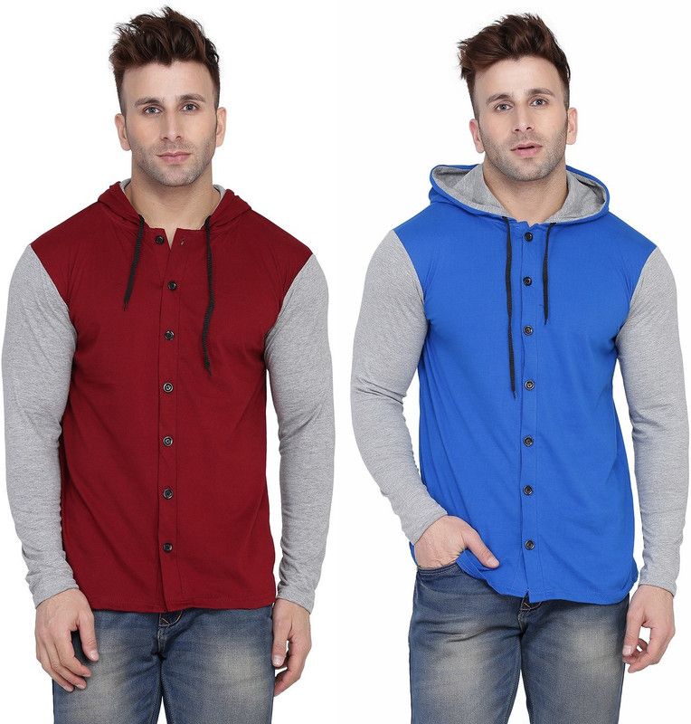Men Color Block Casual Red, Blue Shirt  (Pack of 2)